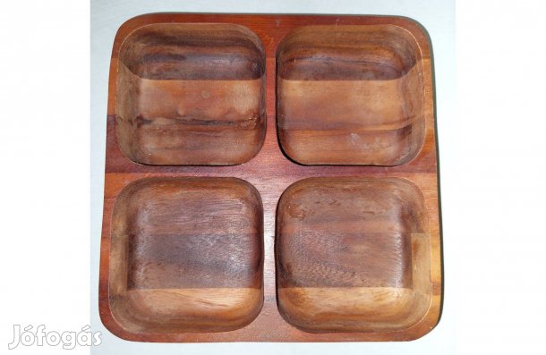 Kézműves, négyrekeszes fa tálaló tál/ asztalközép