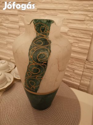 Kézzel Festett Üveg-Zöld-Fehér- Váza, Tál-Olasz