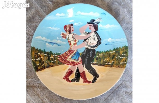 Kézzel festett gránit falitányér népi motívummal (23 cm)