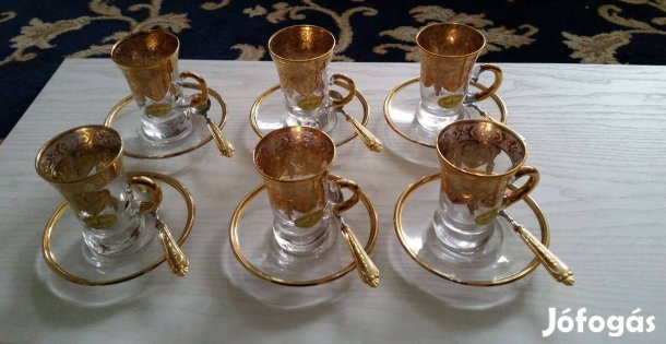 Kézzel készített muranoi kristály arannyal futtatott kávéscsésze készl