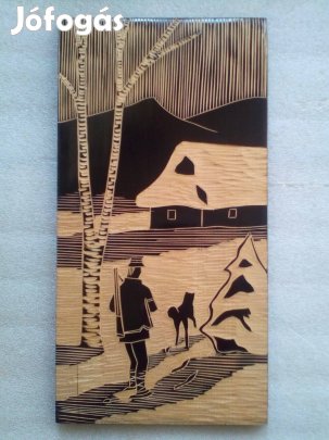 Kézzel vésett fa falikép "Vadász Kutyával"