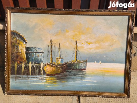 Kikötő , vitorlásokkal , nagyméretü olaj festmény