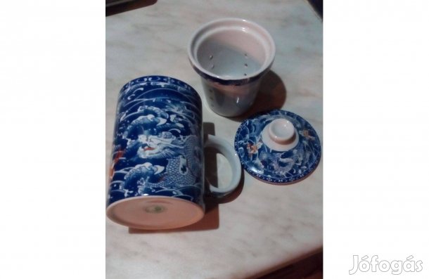 Kínai sárkányos porcelán teás bögre szűrővel és fedővel 2 dl - Új