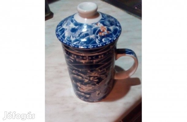 Kínai sárkányos porcelán teás bögre szűrővel és fedővel 2 dl - Új