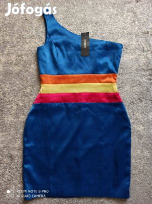 Királykék derekán csíkos selyem szatén alkalmi ruha