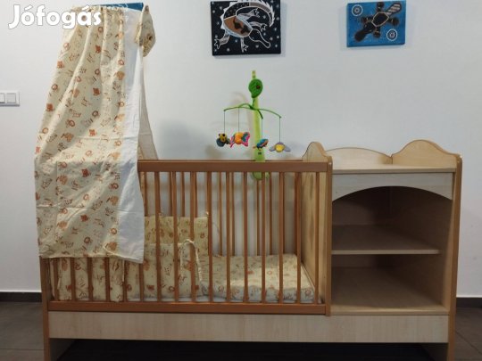 Kiságy eladó baldachinnal, kókusz matraccal és ágyneművel 32 000