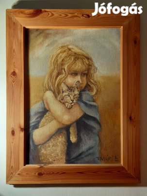 Kislány cicával, olajfestmény
