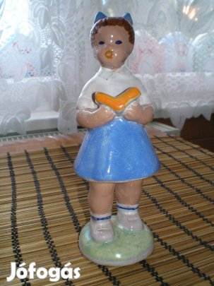 Kislány könyvvel a kezében régi mázas kerámia szobor 16 cm magas