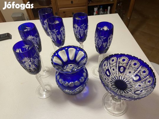 Kobaltkék csiszolt ólomkristály készlet