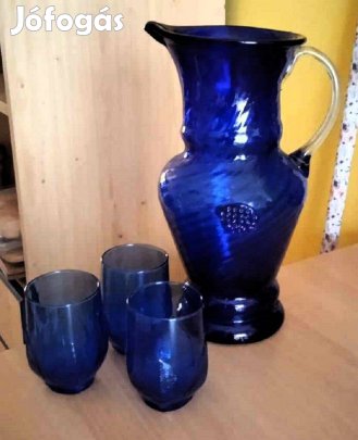 Kobaltkék csodaszép, régi nagy üveg karaffa + 3 pohár