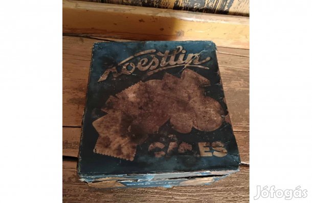 Koestlin kekszes doboz, régi bádogboboz, kezelt állapotban, felújítva