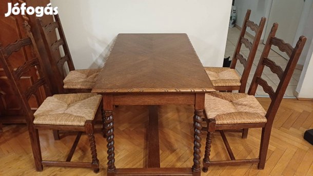 Koloniál nagyméretű étkező asztal 4 székkel (kihúzható nagy méretre)