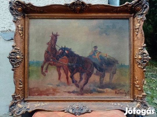 Kolozsváry Endre (1901- 1945) olaj festmény vágtató lovasszekér