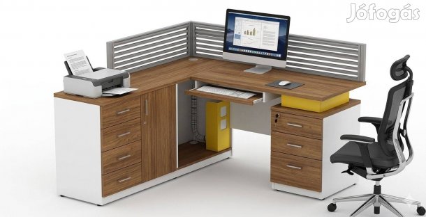 Kompakt és ergonomikus L-alakú munkaállomás beépített tárolóval