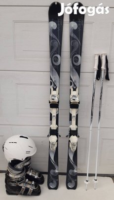 Komplett női síszett, síléc kötéssel, sícipő, sisak, bot