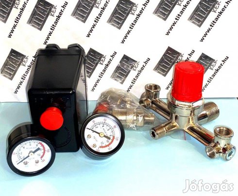 Kompresszor nyomáskapcsoló levegő elosztó mérőóra szettben 230V