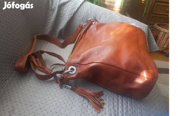 Konyakbarna valódi bőr pakolós kézi-, váll- és testtáska, új!