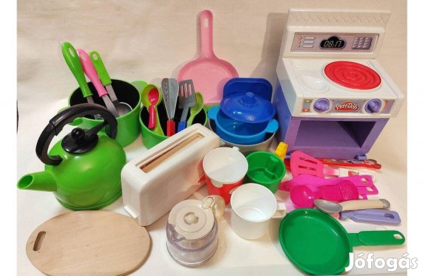 Konyhai Játék teáskanna, kenyérpirító, teafőző, sütő, edények