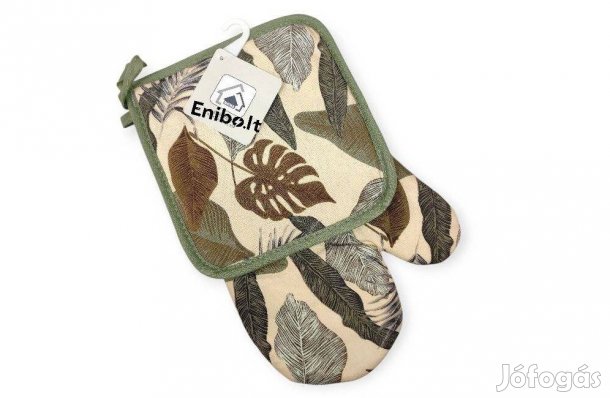 Konyhai sütőkesztyű edényfogóval trópusi levélmintás, bézs-zöld