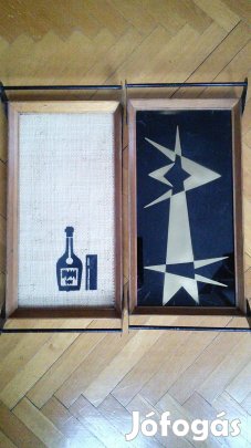 Konyhai tálca retro fa fém üveg kínáló tálaló 46,5 cm x 23 cm