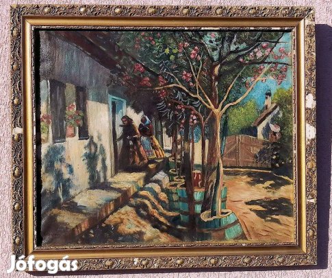 Kopogtatók. Impresszionista festmény. Ujváry Ignác szignóval