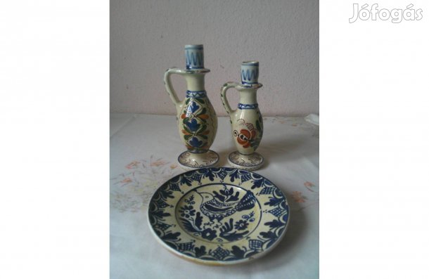 Korondi jellegű kerámia gyertyatartó és falitányér ( 3 db. )