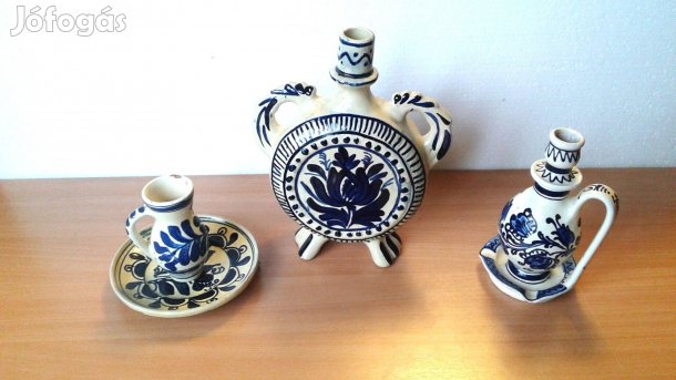 Korondi kerámia, nagy kulacs, kancsó/bokály, tányér, gyertyatartó