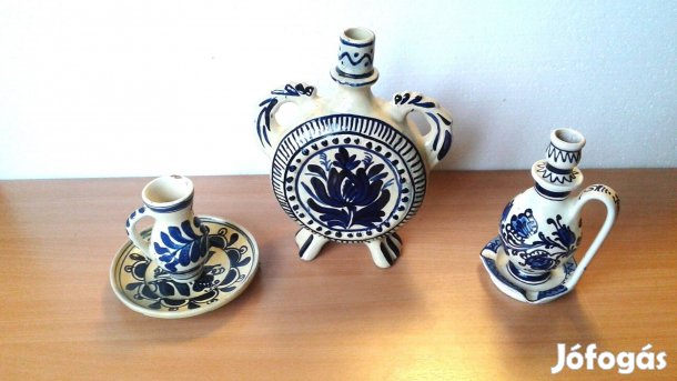 Korondi kerámia szett, kulacs, kancsó/bokály, tányér, gyertyatartó