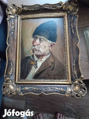 Krasznai Ring Jenő eredeti olajfestmény Pipás öreg úr portréja