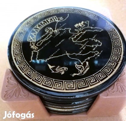 Krétán vásárolt, görög kerámia poháralátét,6 db,tartójában!/53