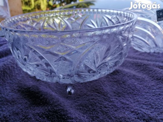 Kristály nagy tál 3 lábú nehéz gazdag csiszolású ólomkristály ,új