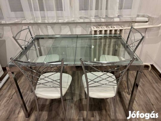 Krómozott, kihúzható étkezőasztal üveglappal + 4db szék