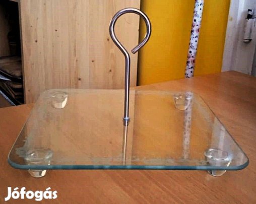Krómozott fogantyús, négyzetes, üveg tálaló, kínáló