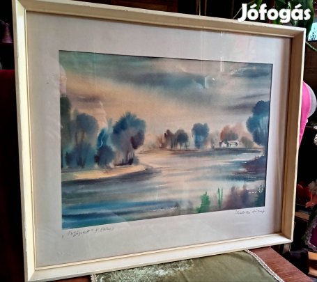 Krutella József Folyópart c. akvarell festmény 