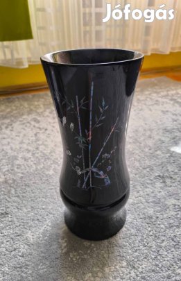 Különleges Vietnámi kézzel festett fekete lakk bevonatú mintás fa váza