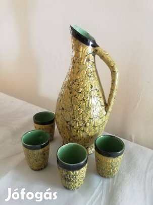 Különleges mázas cserép pálinkás készlet, régi, retró