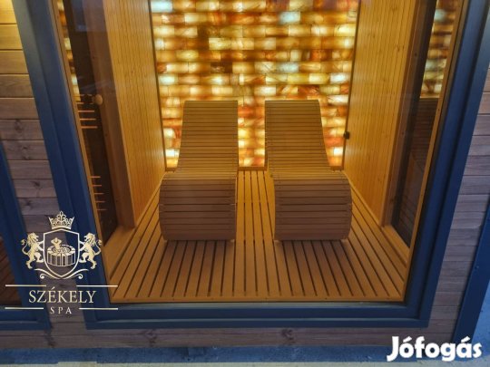 Kültéri prémium szigetelt szauna só falas relaxációs térrel 4 m hossz