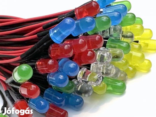 LED 5 mm 12V kék sárga zöld 20 cm kábel előtétellenállás világítás