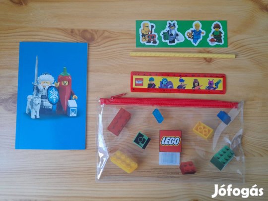 LEGO tolltartó, füzet, vonalzó, ceruza, matrica