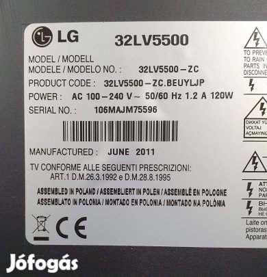 LG 32LV5500 LED LCD tv hibás , nem kapcsol be alkatrésznek