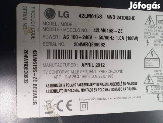 LG 42LM615S LED LCD tv hibás törött alkatrésznek mainboard elkelt!