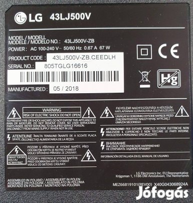 LG 43LJ500V LED LCD tv hibás törött alkatrésznek eladó