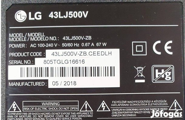 LG 43LJ500V LED LCD tv hibás törött alkatrésznek eladó