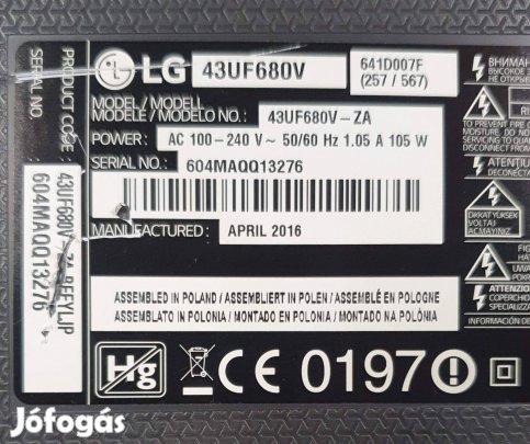 LG 43UF680V LED LCD tv hibás törött alkatrésznek main ,tcon elkelt