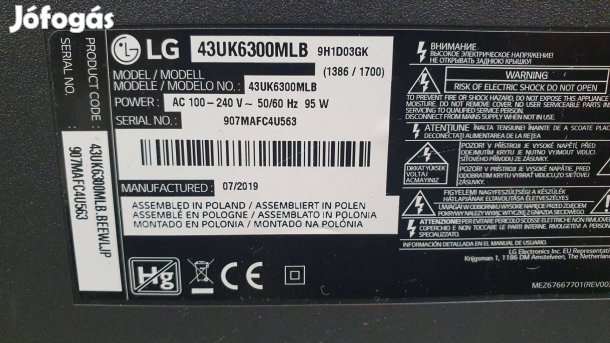 LG 43UK6300MLB LED LCD tv hibás törött alkatrésznek eladó LJ8