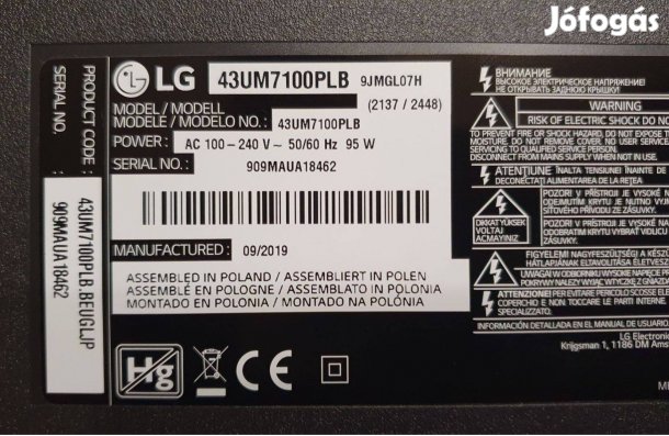 LG 43UM7100PLB LED tv zárlatos,kijelző,nem törött! Csak kijelző+háttér