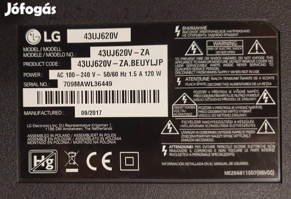 LG 43Uj620V LED LCD tv hibás törött alkatrésznek LJ7 main elkelt!