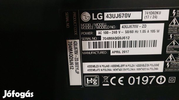 LG 43Uj670V 4K UHD LED tv hibás törött alkatrésznek mainboard elkelt!