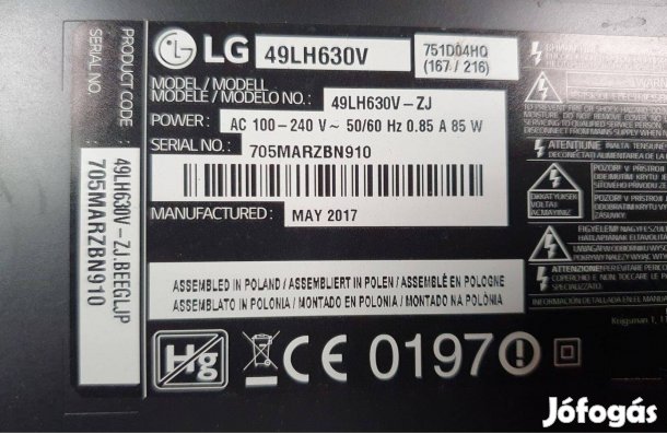 LG 49LH630V LED LCD tv panelek táp + Tcon alkatrésznek