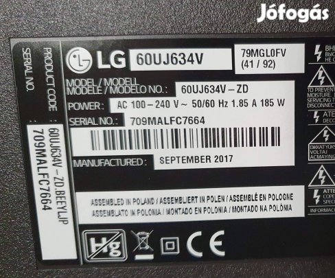 LG 60Uj634V LED LCD UHD tv hibás törött alkatrésznek LJ7 6870C-0685A